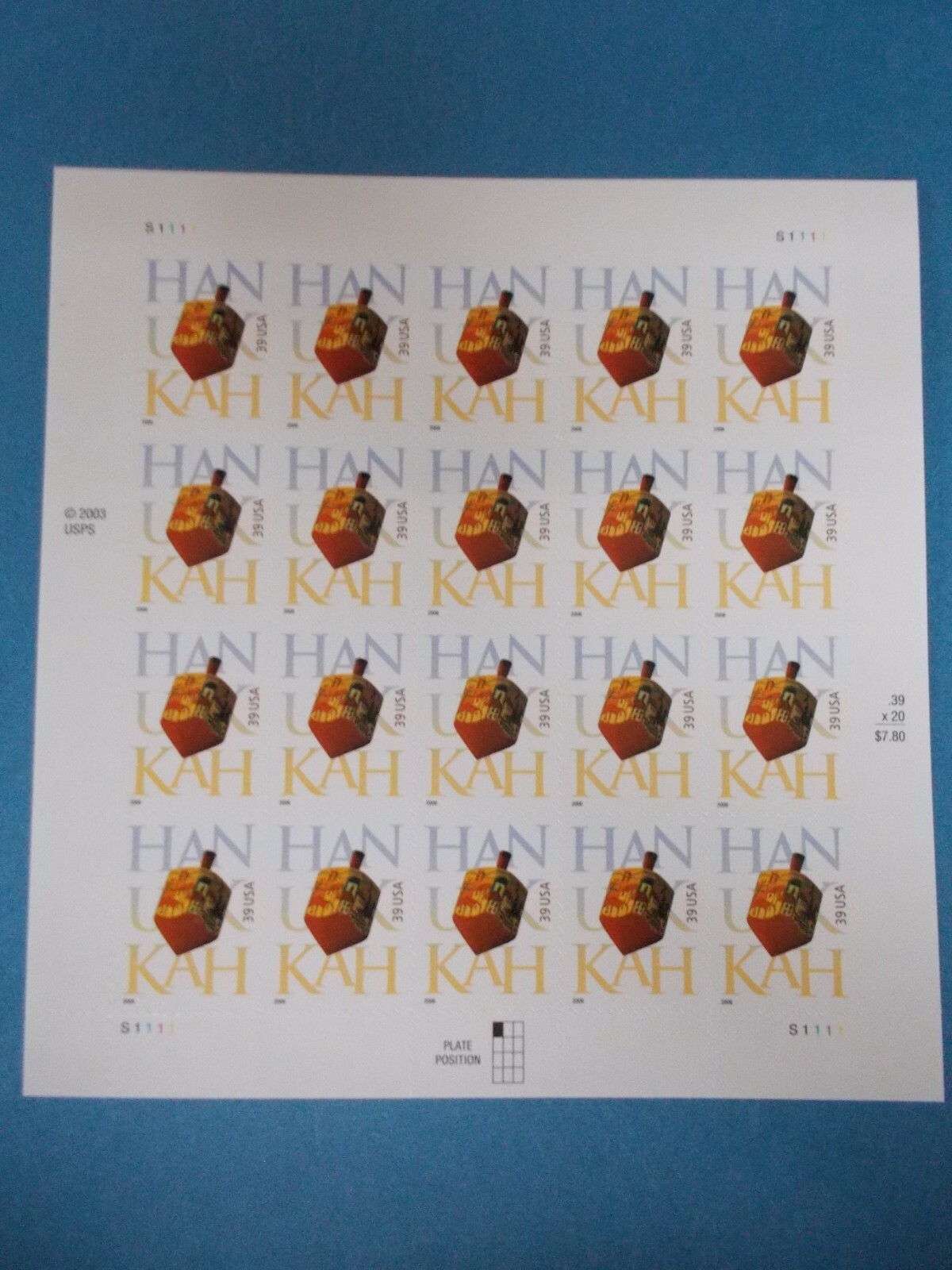 #4118 HANUKKAH 2003/2006 Sheet of 20 39 Cent Stamps MNH Free Shipping