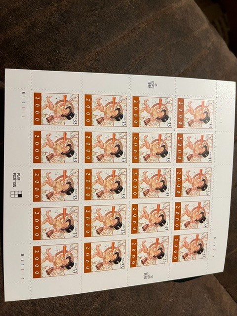 3369 2000 New Years. 33c self-adhesive souvenir sheet of 20. MNH. free shipping