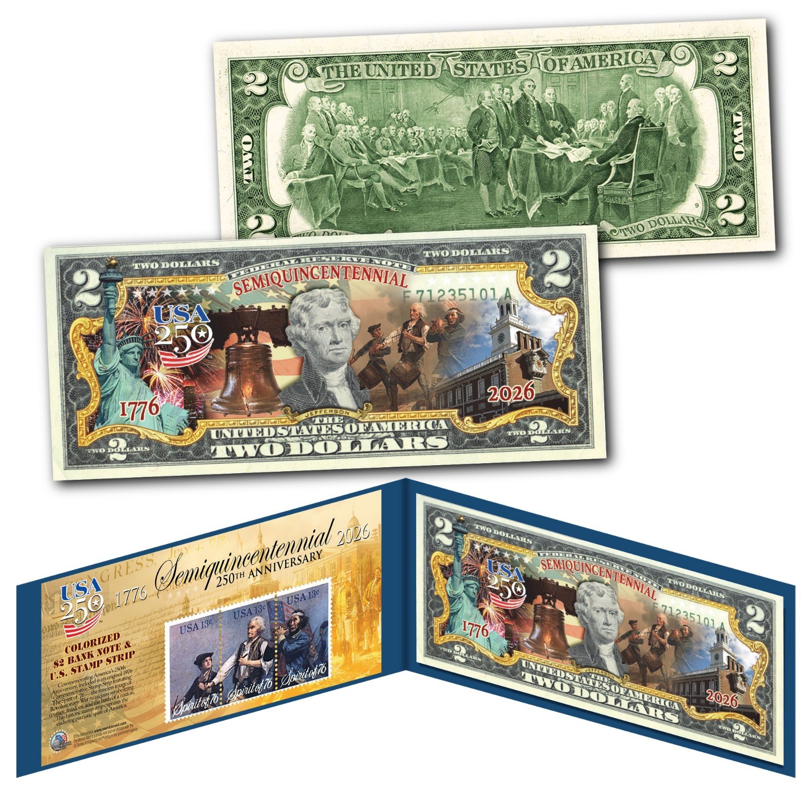 America 250th Anniversary Spirit of ’76 Stamp Strip X July 4th USA250 $2 US Bill