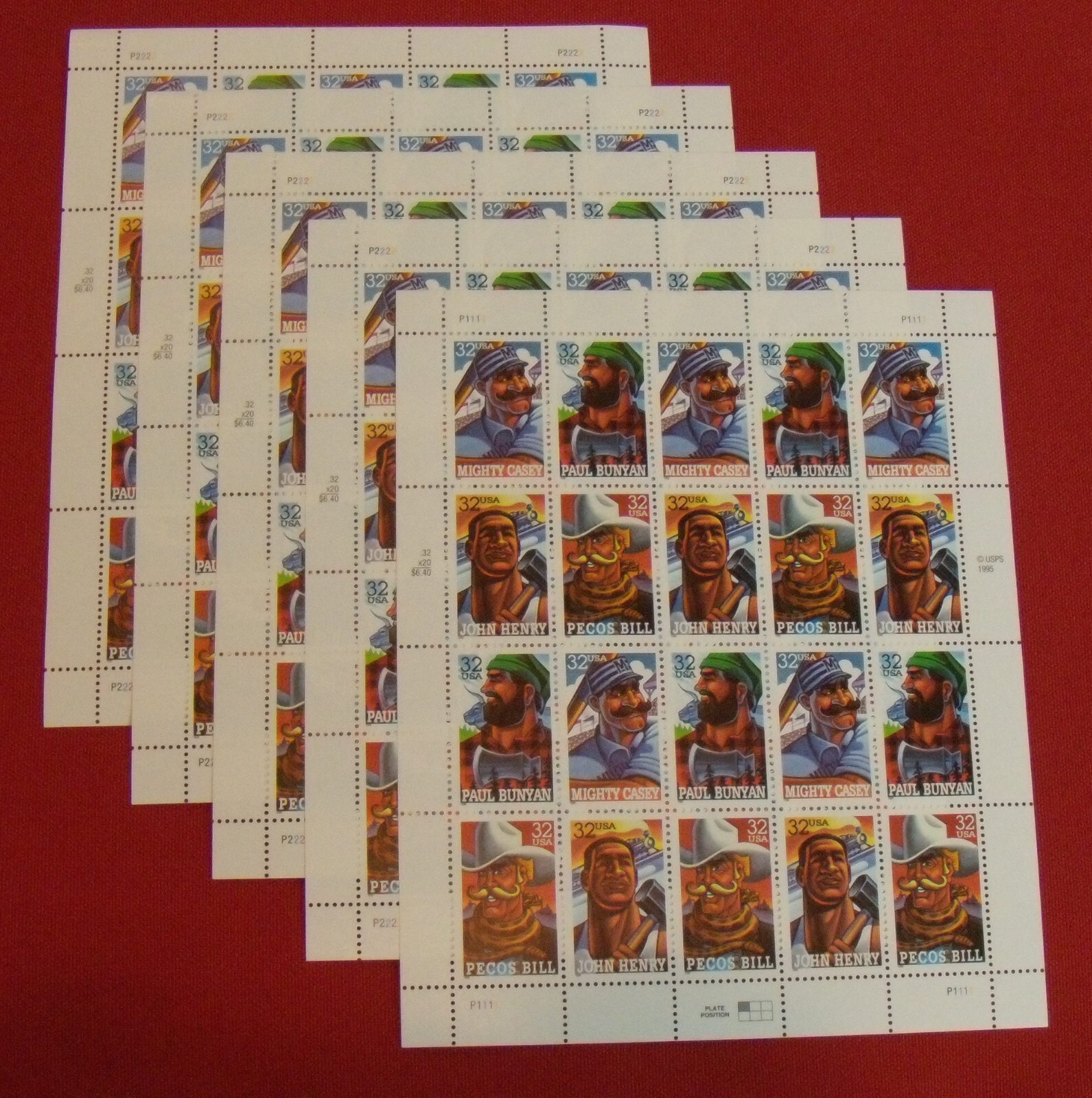 Three Sheets x 20 = 80 of FOLK HEROES 32¢ US Postage Stamps. USA Sc # 3083-3086