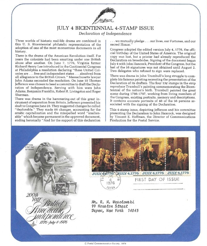 First Day Stamp Issue Bicentennial 1976 Scott 1629 Postal Commemorative Society