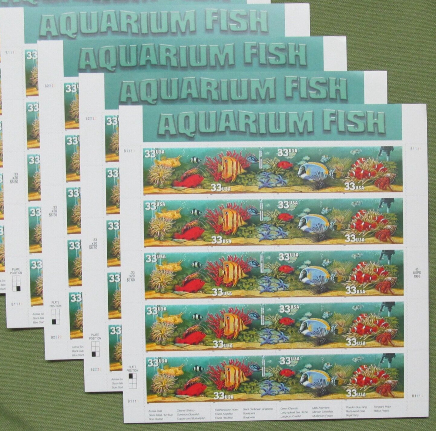 Four Sheets x 20 = 80 of AQUARIUM FISH 33¢ US Postage Stamps. USA Sc # 3317-3320