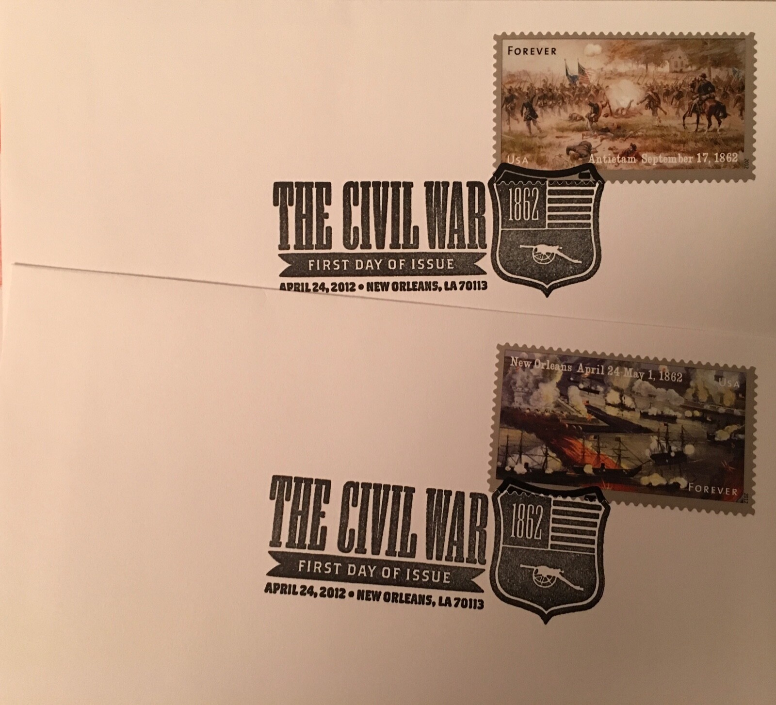 2 Civil War 1862 Commemorative Stamps: Antietam & New Orleans