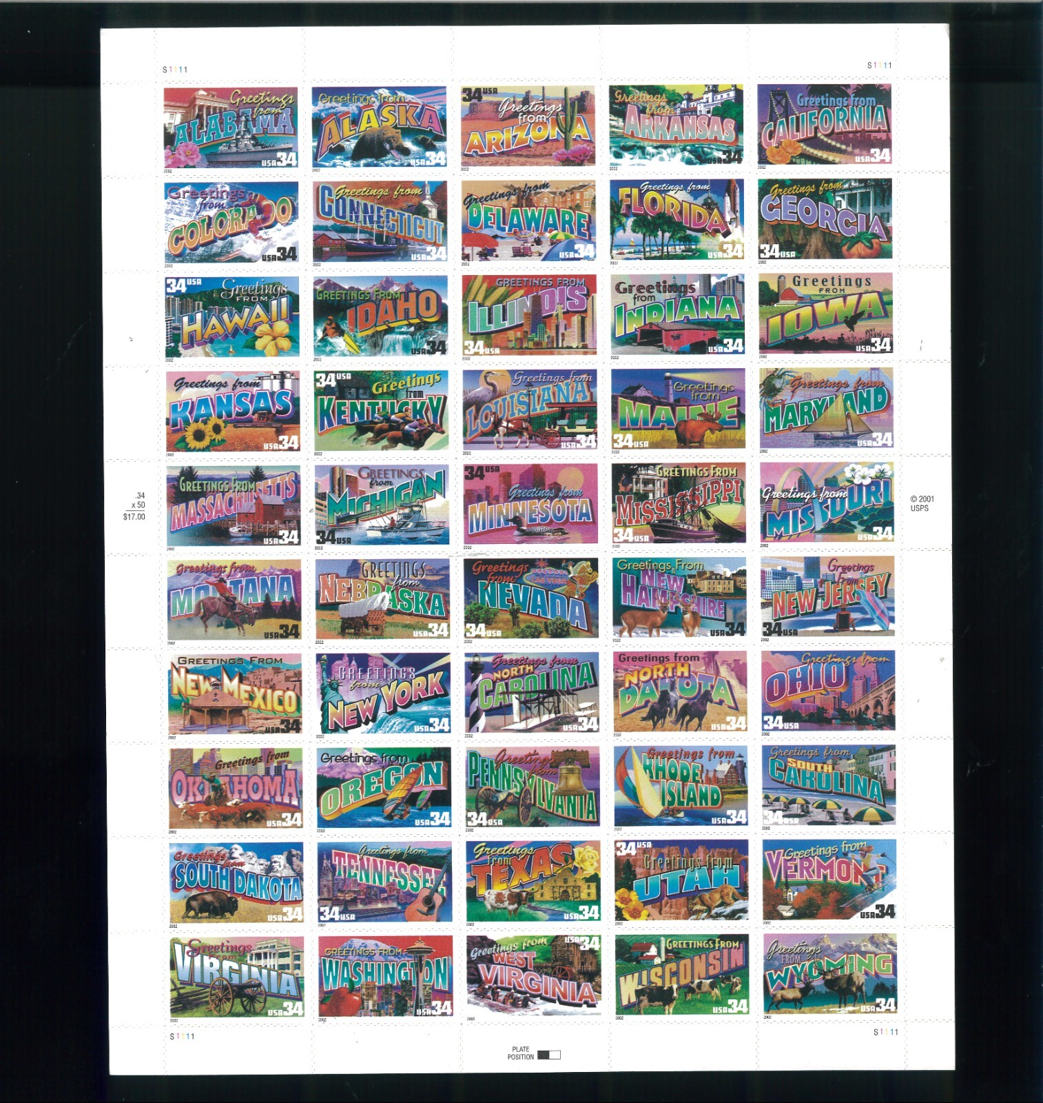 United States 34¢ 50 States Greeting Card Postage Stamps #3561-3610 MNH Sheet