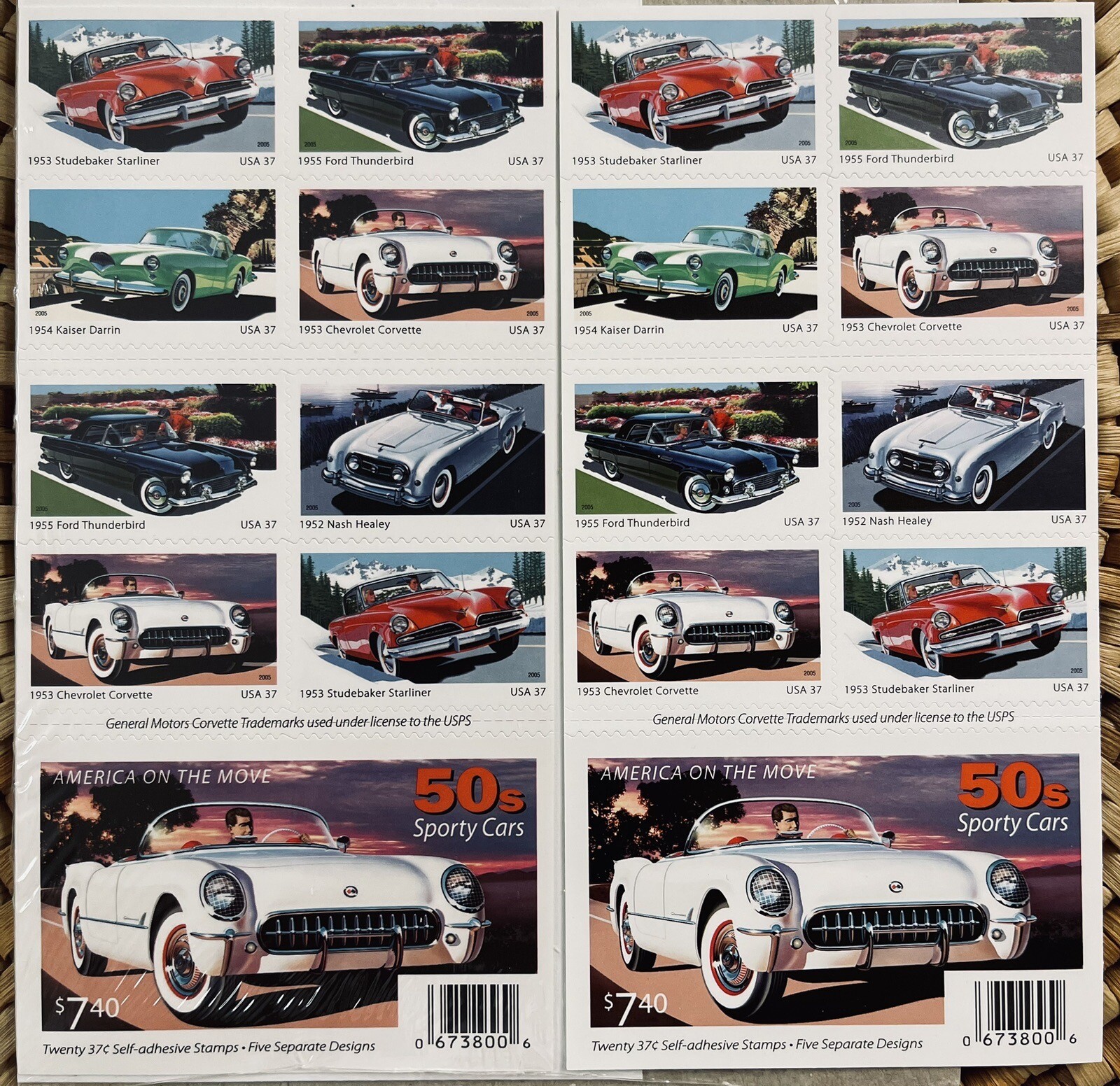 2005 US AMERICA ON THE MOVE 50’s SPORT CARS 2 PANES /BOOKLETS OF 20 STAMPS 37c