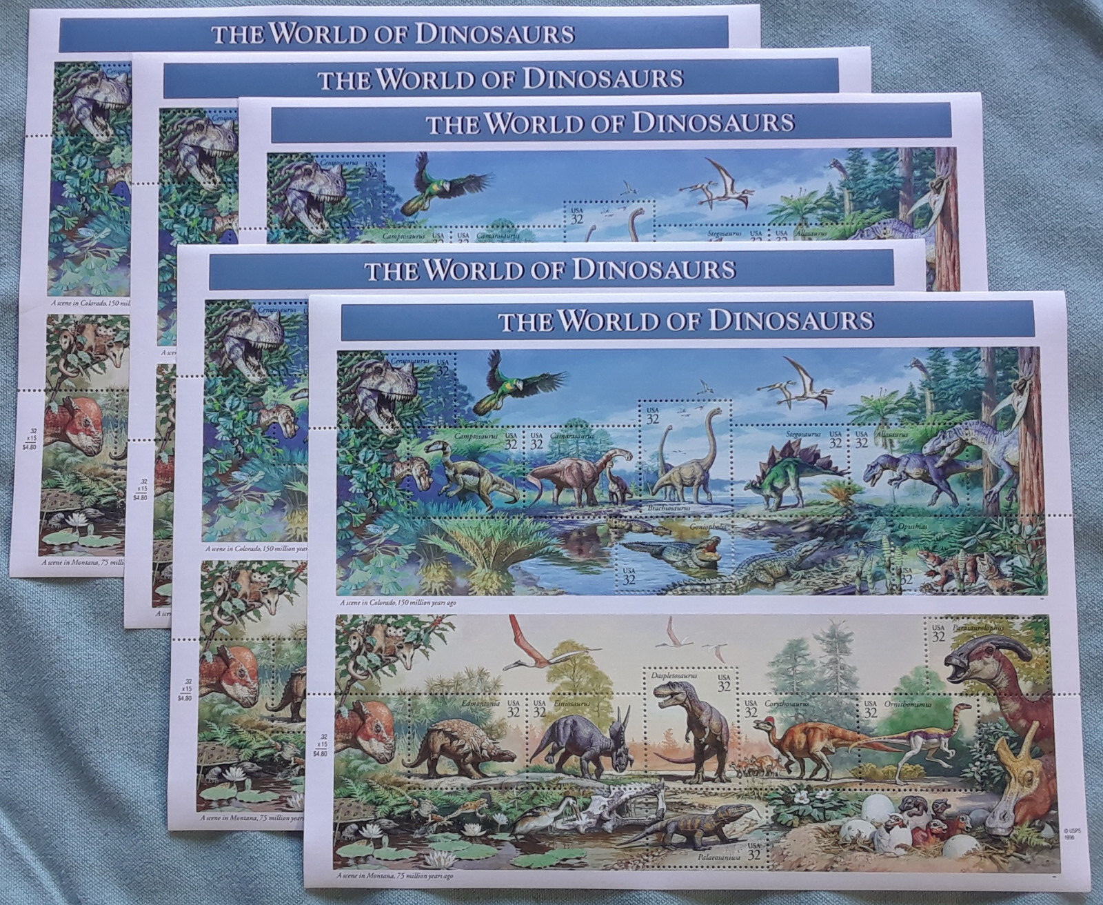 Five Sheets x 15 = 75 THE WORLD OF DINOSAURS 32¢ US Postage Stamps USA Sc # 3136