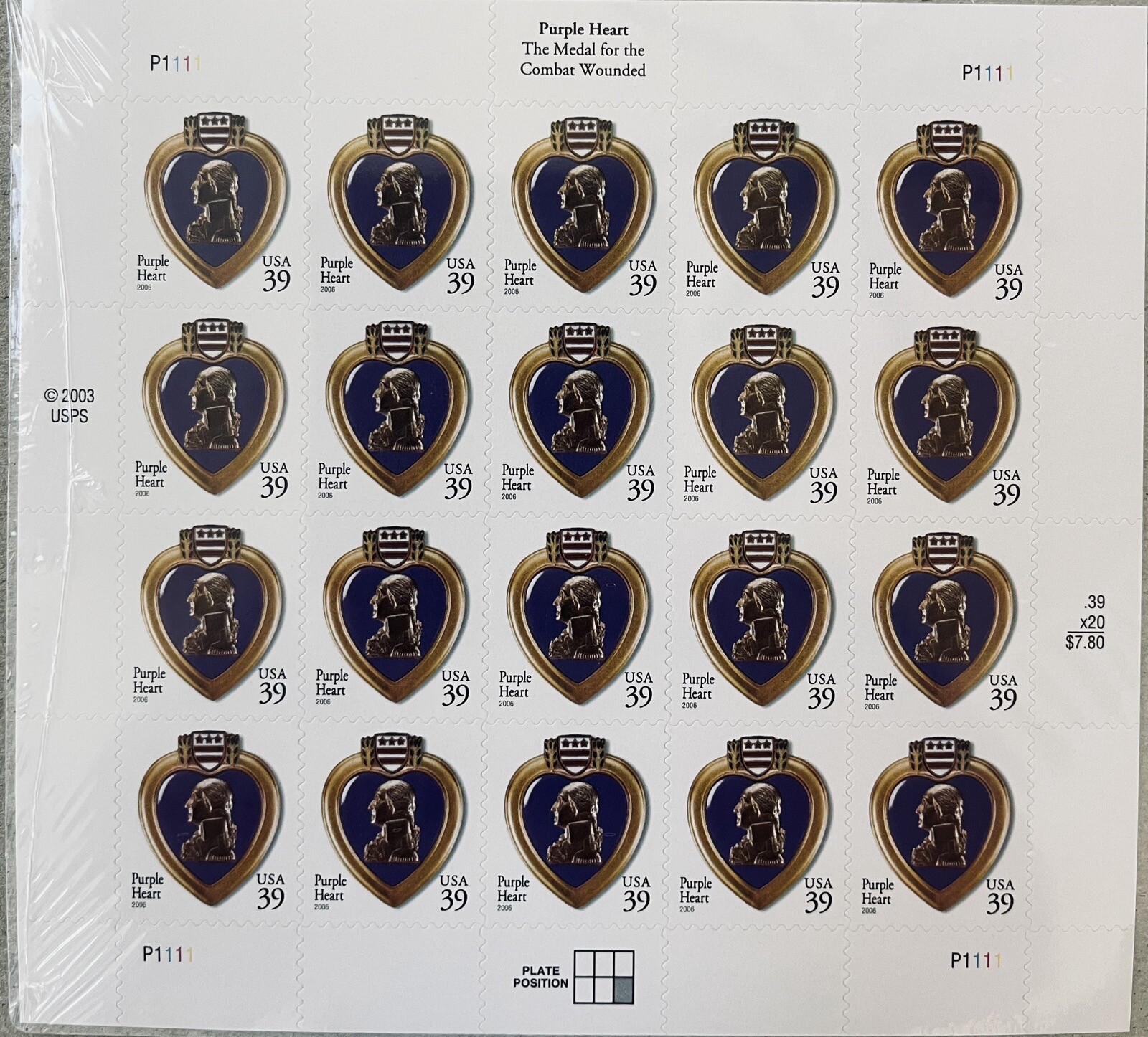 US SCOTT 4032 SHEET PANE OF 20 PURPLE HEART STAMPS 39 CENT FACE MNH FAST SHIP