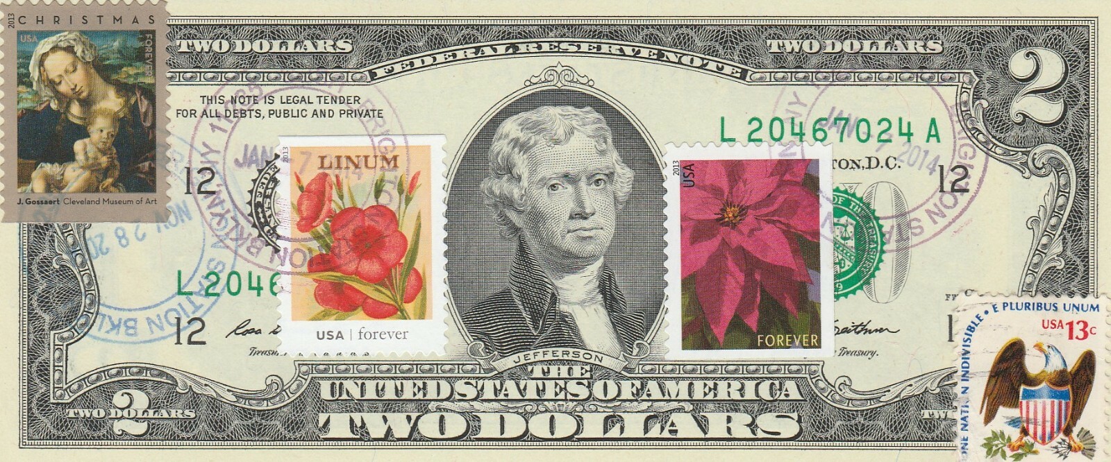 $2 DOLLARS 2009 CANCEL STAMPS CHRISTMAS WINTER HOLIDAY MADONNA & CHILD $125