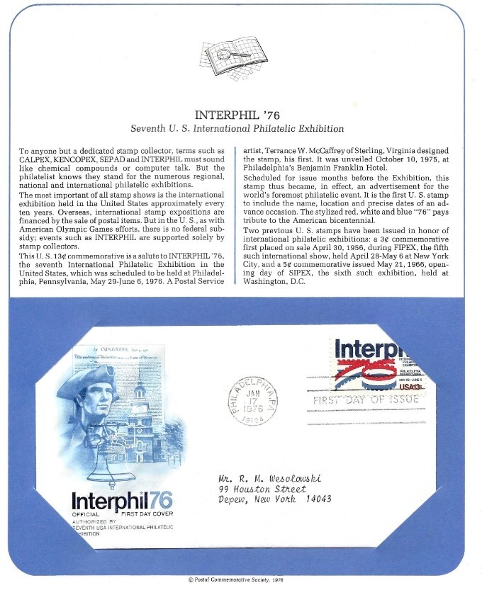 First Day Stamp Issue Interphil ’76 Scott 1632 Postal Commemorative Society