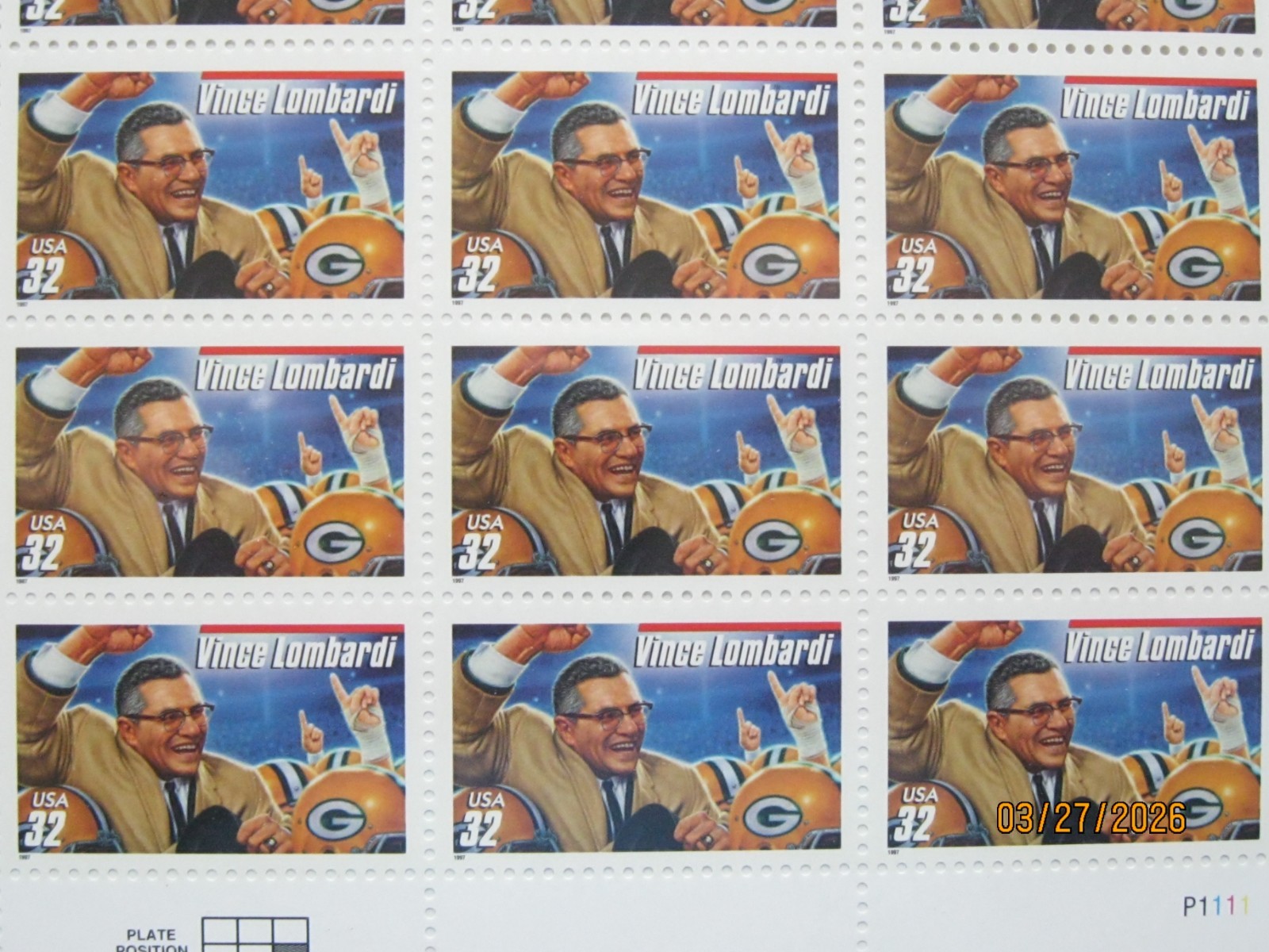 1996 VINCE LOMBARDI STAMPS SEALED UNCUT USPS PRESENTATION BLOCK OF 20 STAMPS