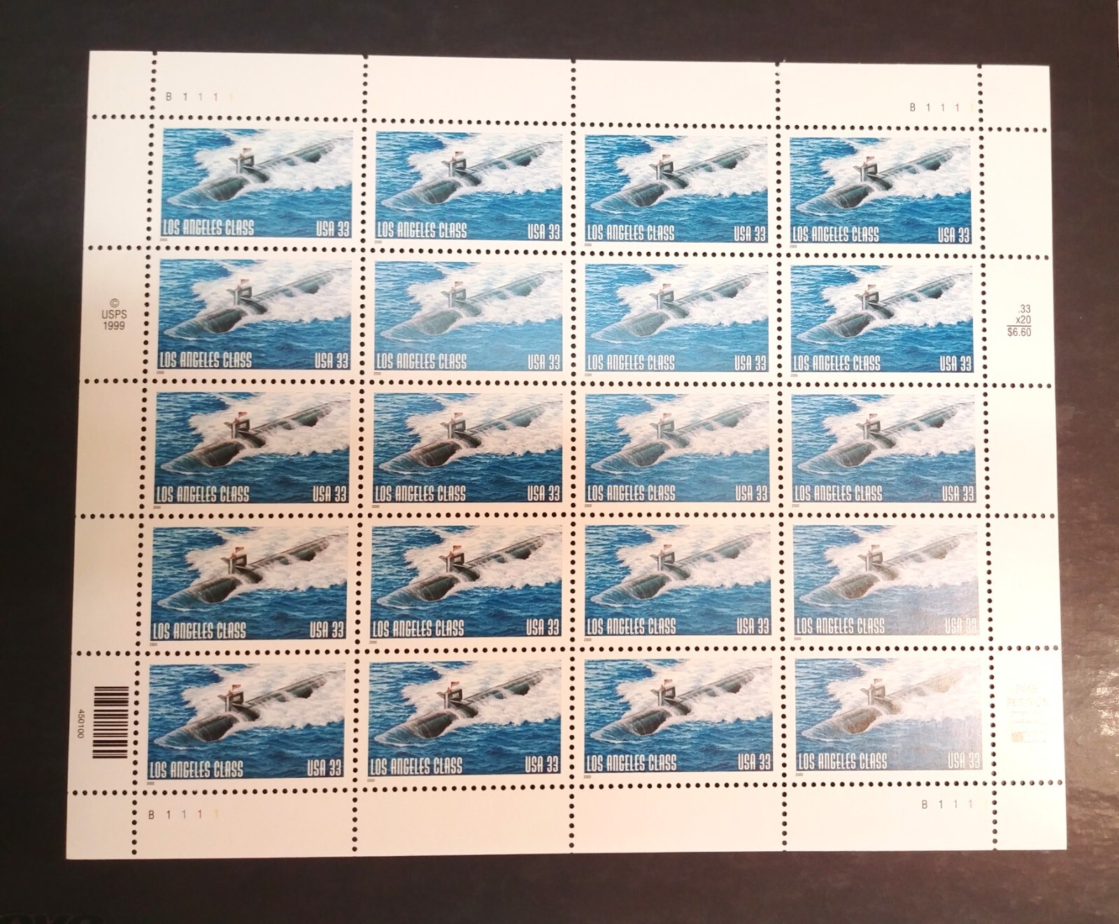 33 cent stamps 2000 Los Angeles Class Nuclear Submarine sheet of 20 Scott #3372