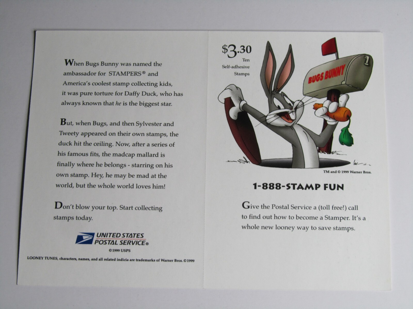Vintage 1999 Daffy Duck USA Postage Stamp Pane Ten Stamps 33 Cents