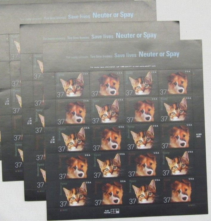 Three x 20 = 60 Save Lives NEUTER or SPAY 37¢ US Postage Stamps USA # 3670-3671