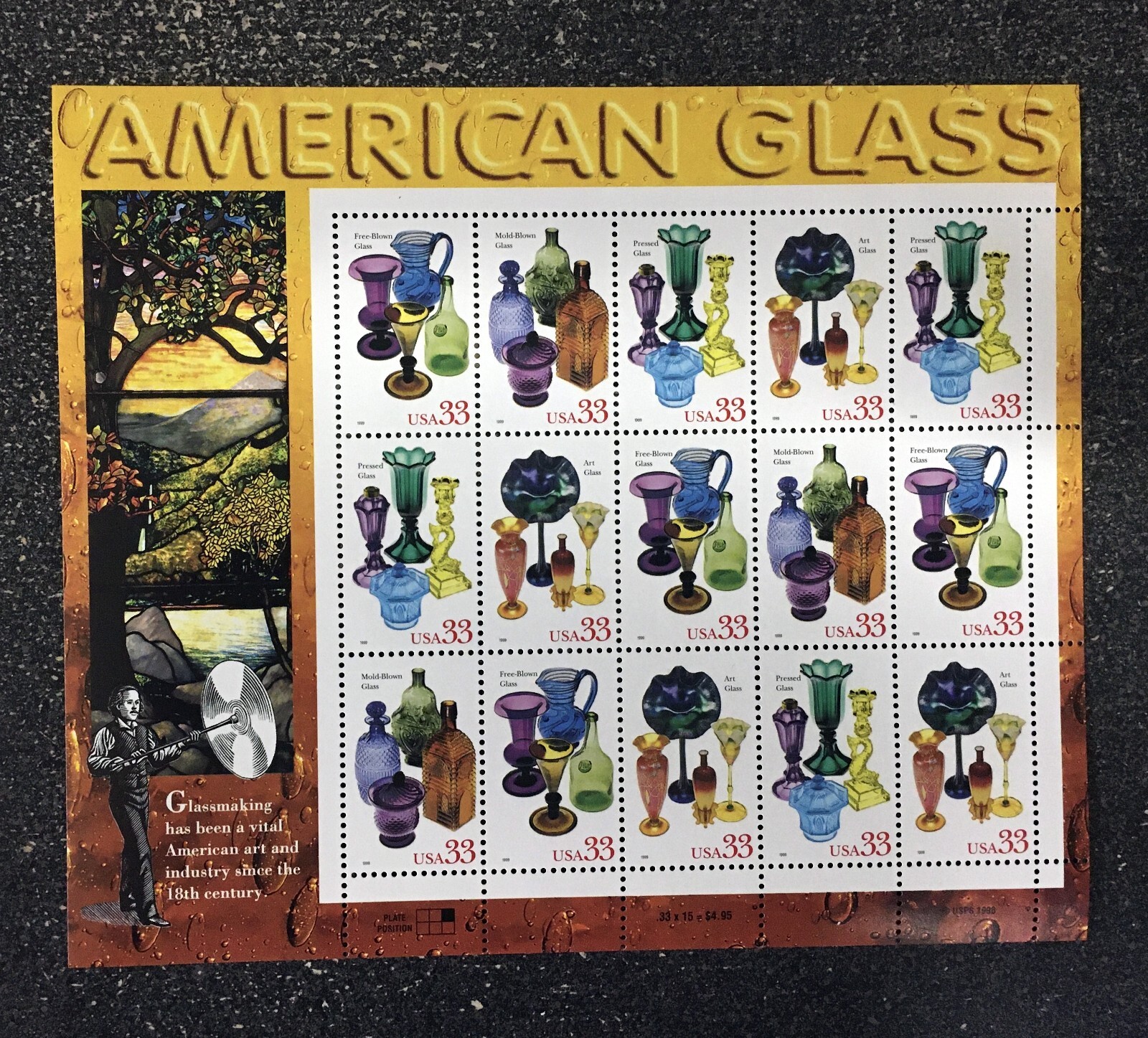 1999USA #3325-3328 33c American Glass – Sheet of 15 mint