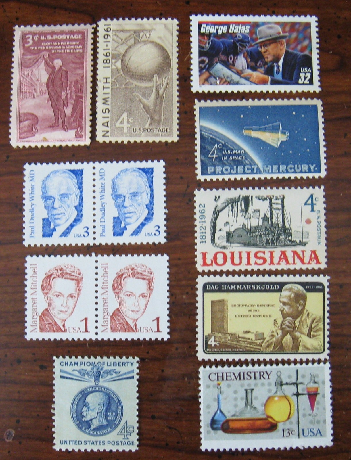 (12) USPS Assorted Stamps 1c to 32c George Halas, Margaret Mitchell, Basketball