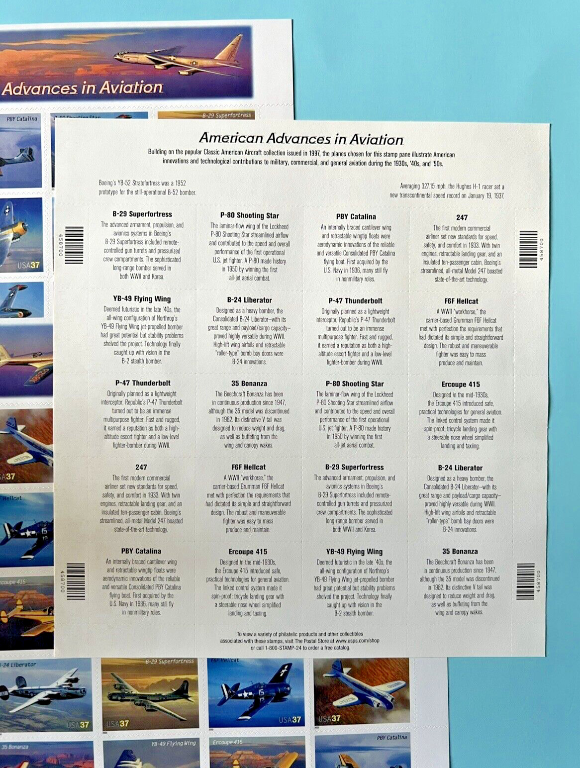 #3916-3925 American Advances in Aviation 37¢ – 4 Sheets x 20 = 80 Stamps FV29.60