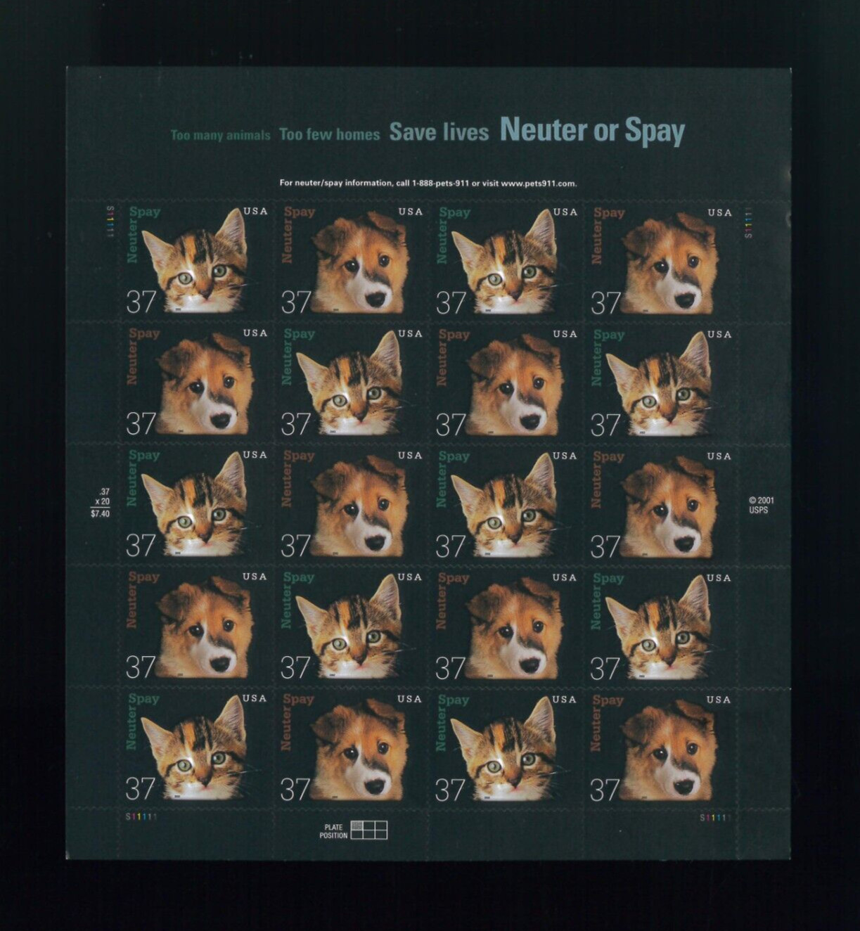 United States 37¢ Neuter and Spay Pets Postage Stamp #3670 MNH Full Sheet