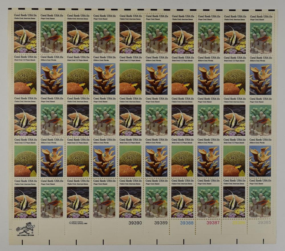 US SCOTT 1827-1830 SHEET OF 50 CORAL REEFS STAMPS 15 CENT FACE MNH