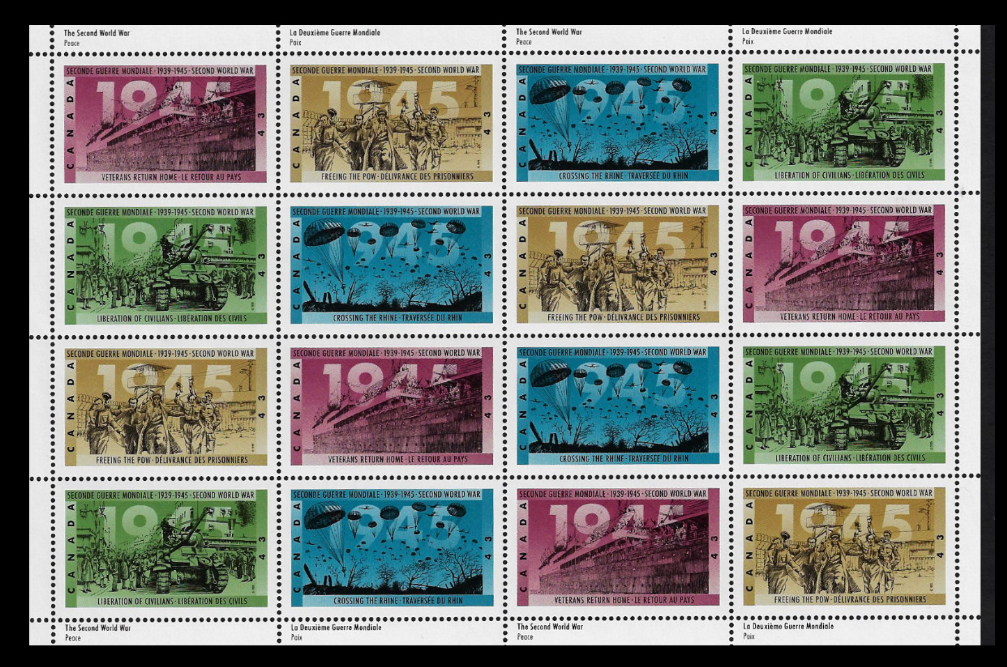 Canada – Full Pane of 16 – 2nd World War – 1944, Victory in Sight #1541-1544 MNH