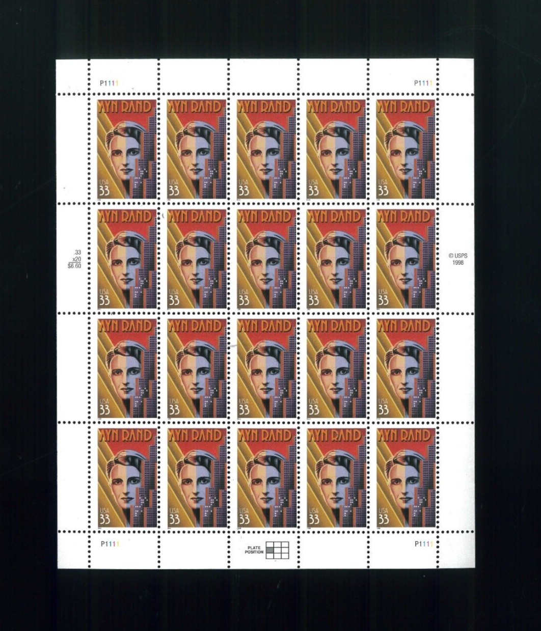 United States 33¢ Author Ayn Rand Postage Stamp #3308 Mint Full Sheet