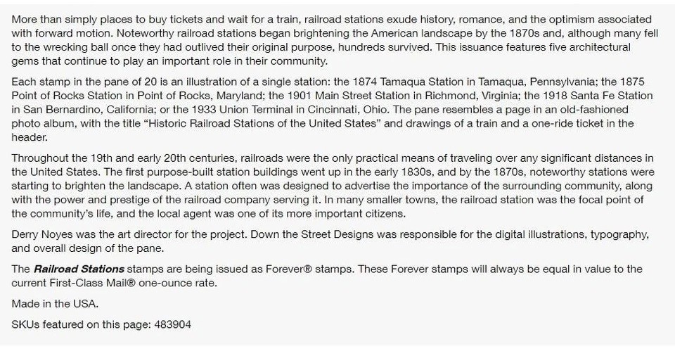 Railroad Stations (Sheet of 20) First-Class Mail Forever Postage Stamps 2023…