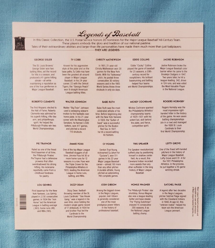 USPS – “LEGENDS OF BASEBALL” FULL SHEET OF STAMPS LOOK!!!