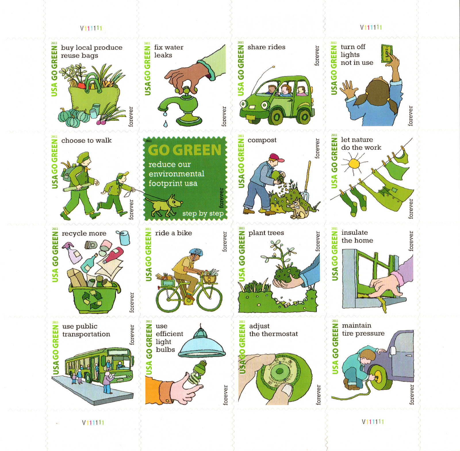 USA 2011 GO GREEN 16 FOREVER STAMPS PANE SCOTT 4524 A-P MNH