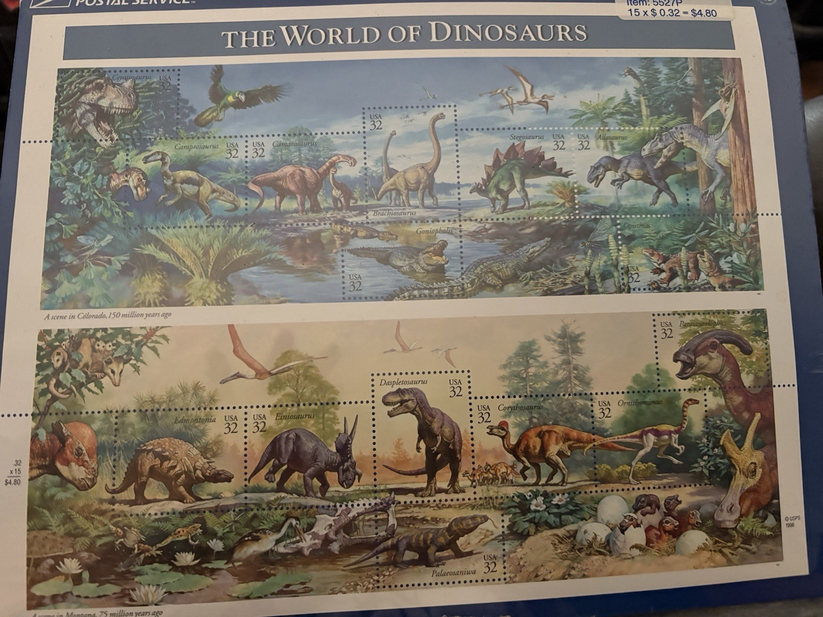 USA 32 Cent The World of Dinosaurs Postage Stamps, Full Sheet of 16, 1996