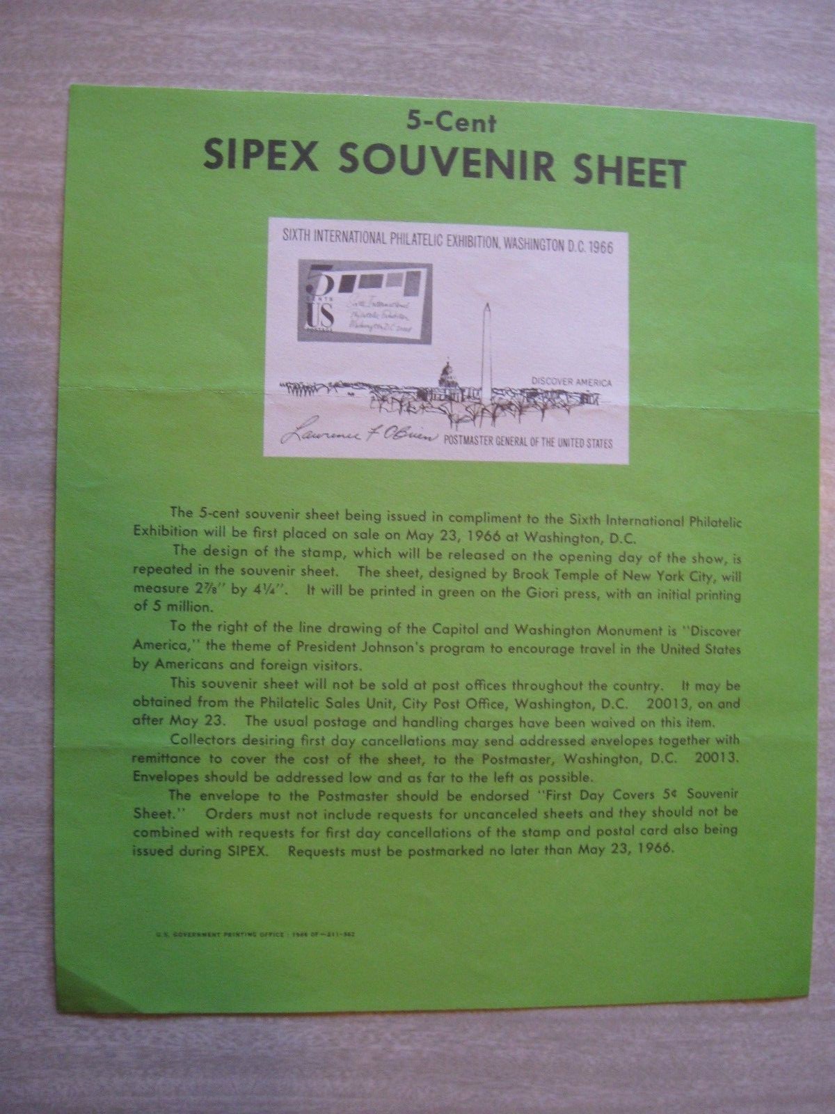 U S Stamp POSTER “SIPEX SOUVENIR SHEET 5 C, 1966,” 8″ x 10,” ORIGINAL USPS #SP15