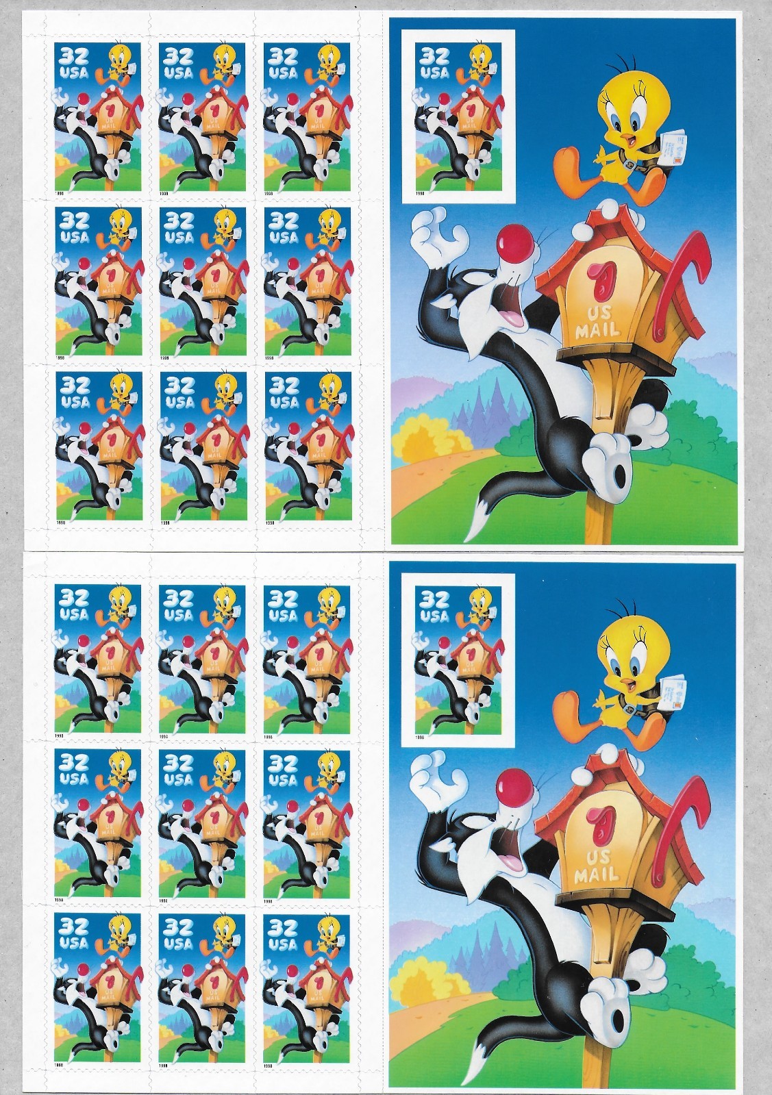 Looney Tunes Sylvester and Tweety Stamps 32 cent (2) Panes of 10