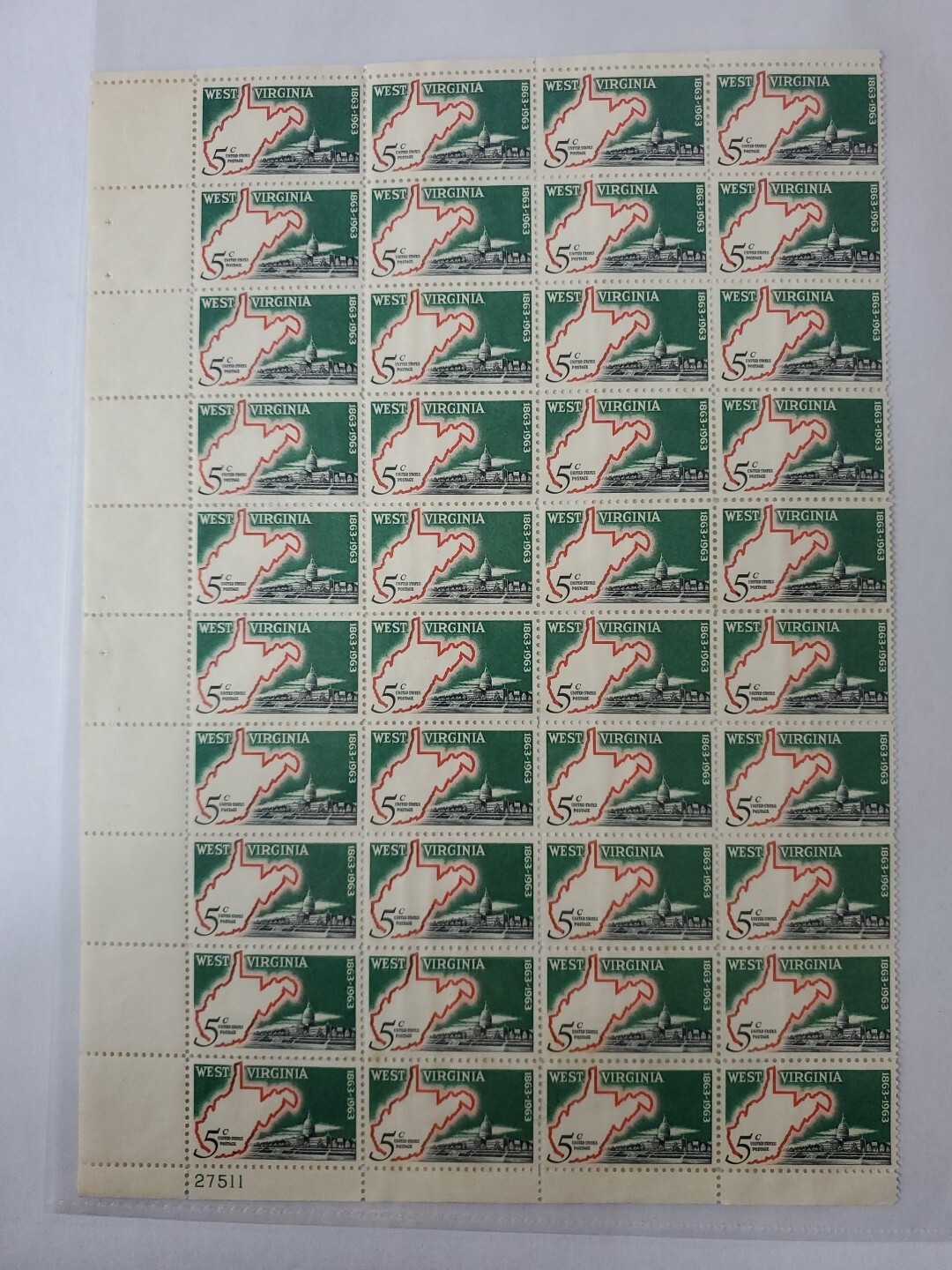 US WEST VIRGINIA Sheet OF 40 CENTENNIAL 1963 STAMPS 5 CENT 27511
