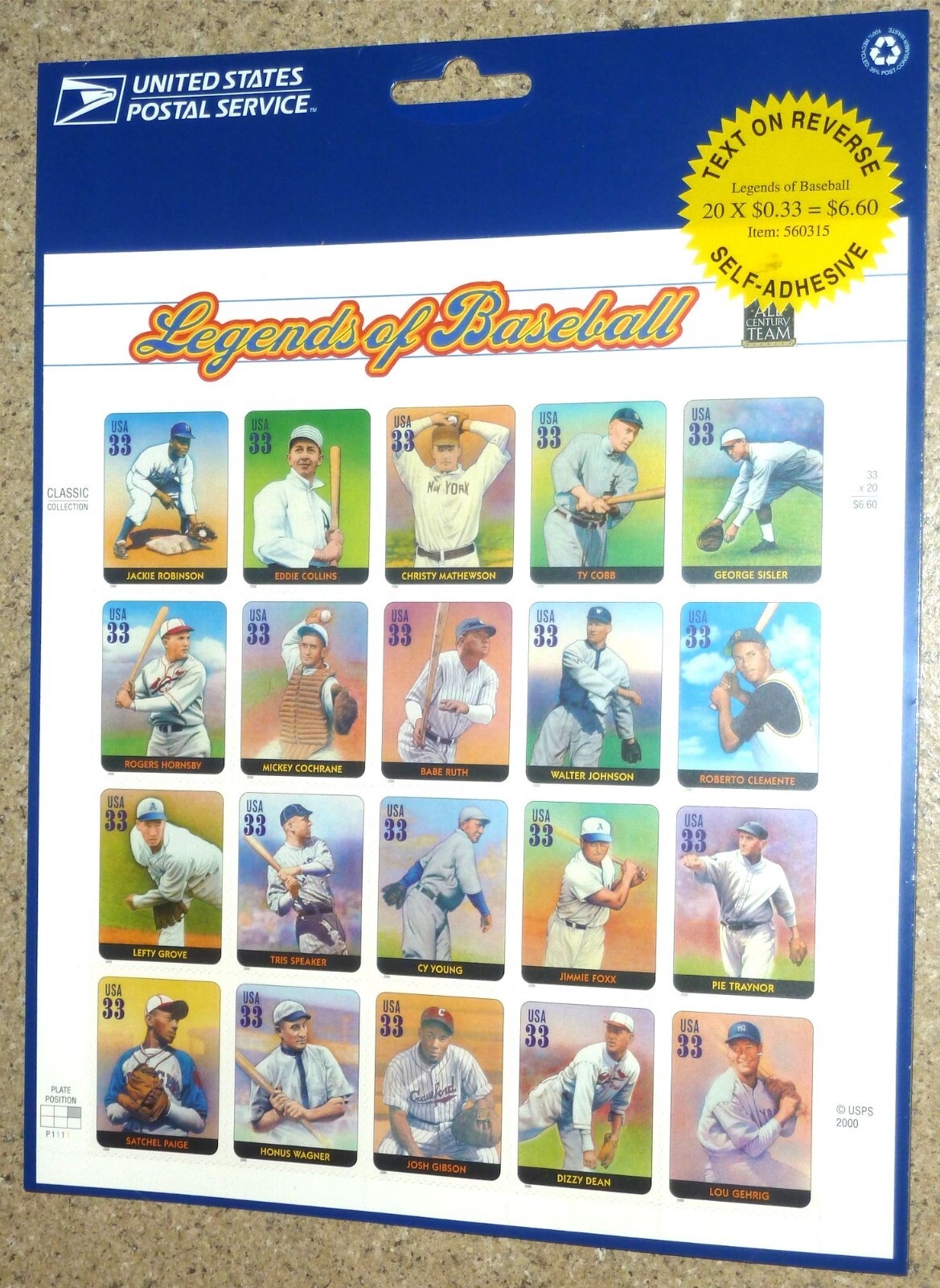 USPS 2000 Sheet of 20 “Legends of Baseball” 33¢ Stamps USA Scott 3408 MNH