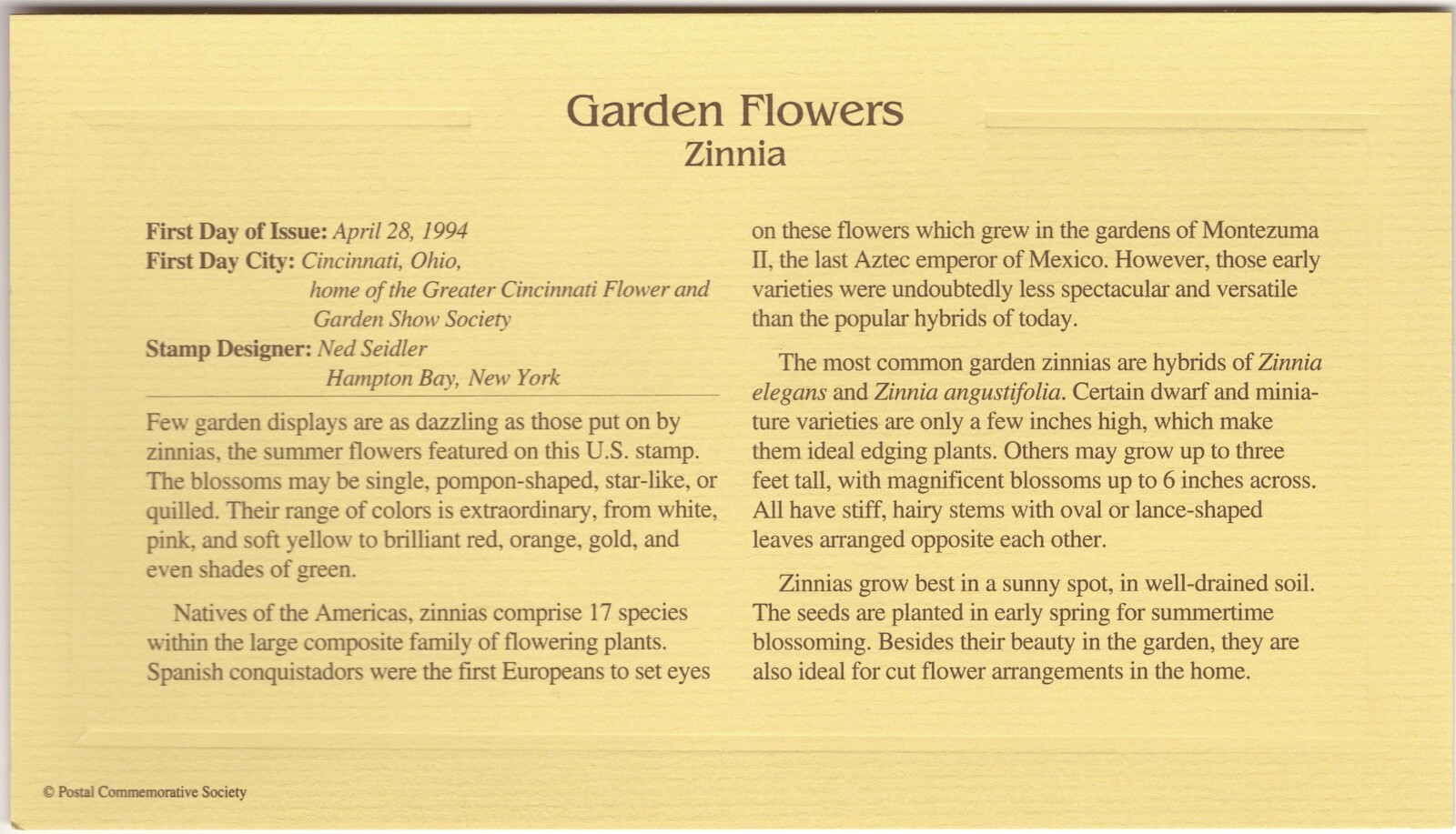 1994 FIRST DAY ISSUE 29 CENT STAMP GOLD GARDEN FLOWERS ZINNIA