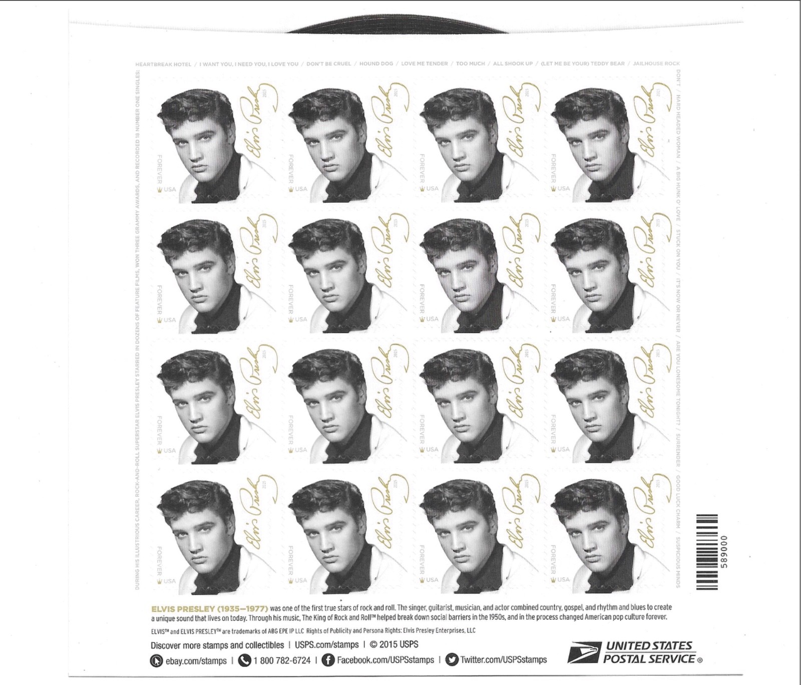 US SCOTT #5009 Full Sheet of 16 Elvis Presley! The King! Forever Postage Stamps
