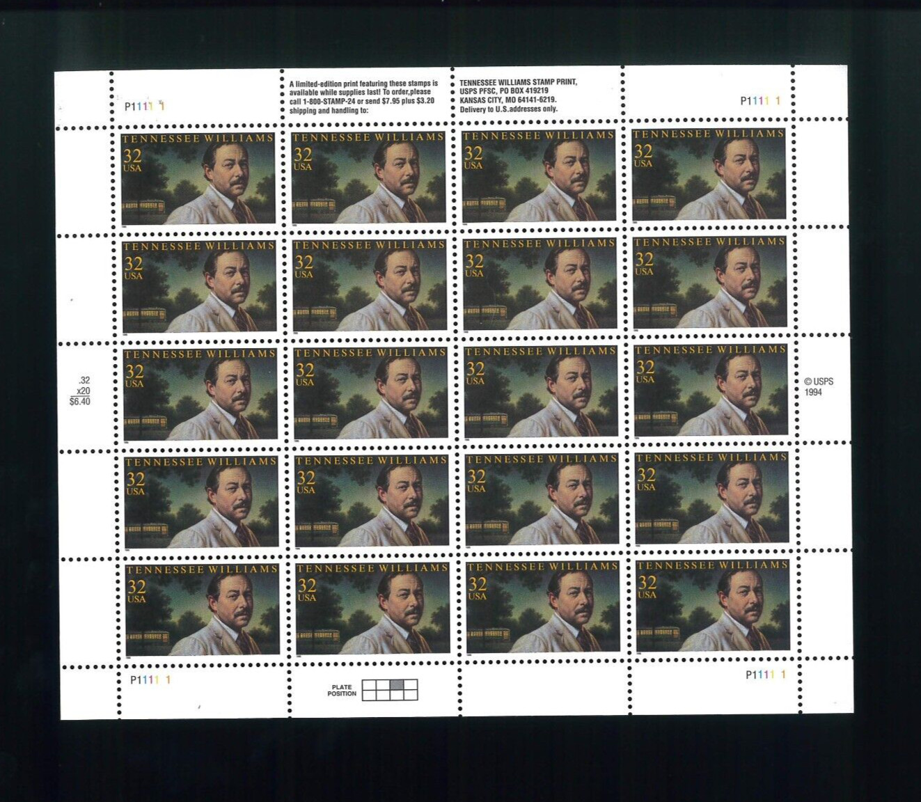 United States 32¢ Writer Tennessee Williams Postage Stamp #3002 MNH Full Sheet