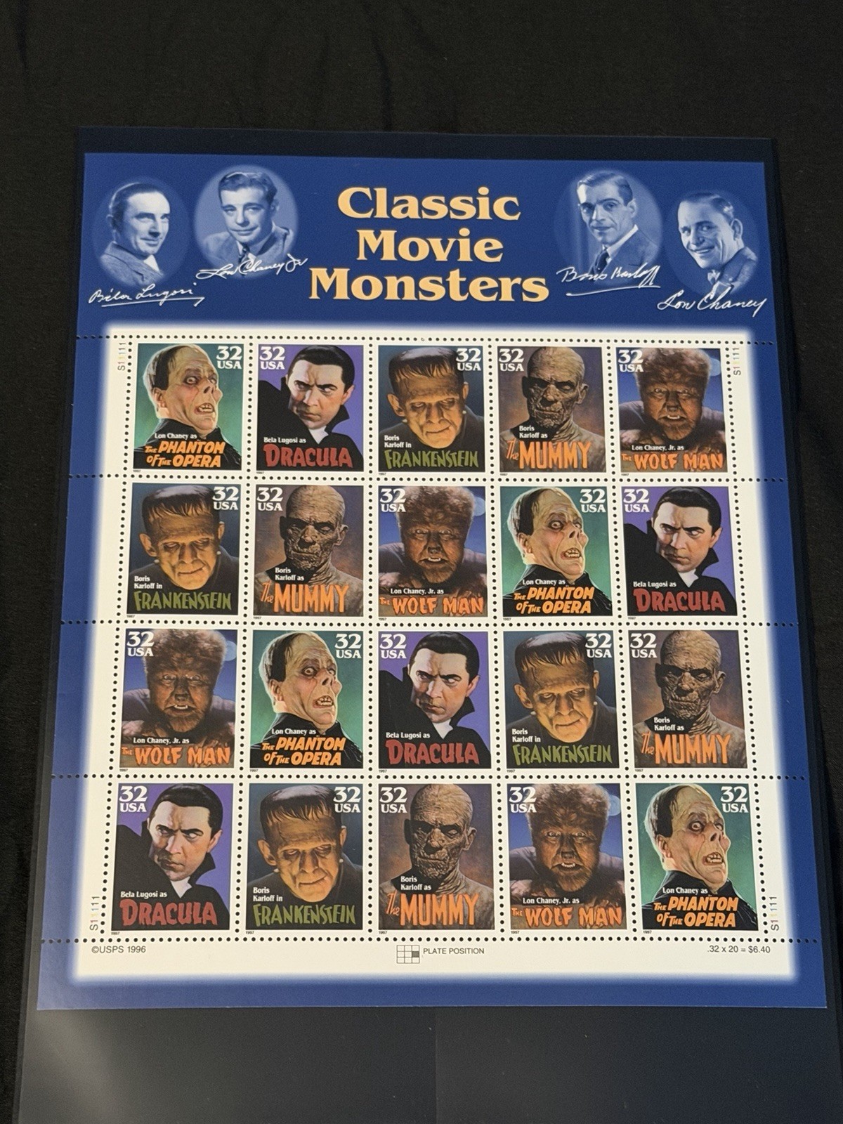 CLASSIC MOVIE MONSTERS Full Sheet United States 32¢ Postage Stamps 1996 Vintage