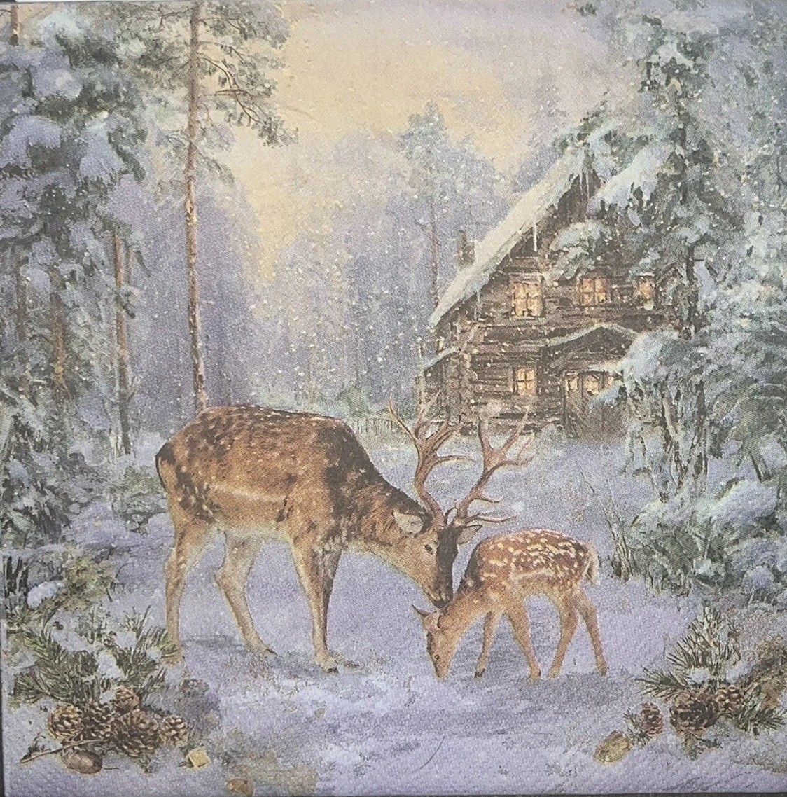 Two Individual paper Luncheon Decoupage Napkins Deer/snow/trees/cabin 6.5”