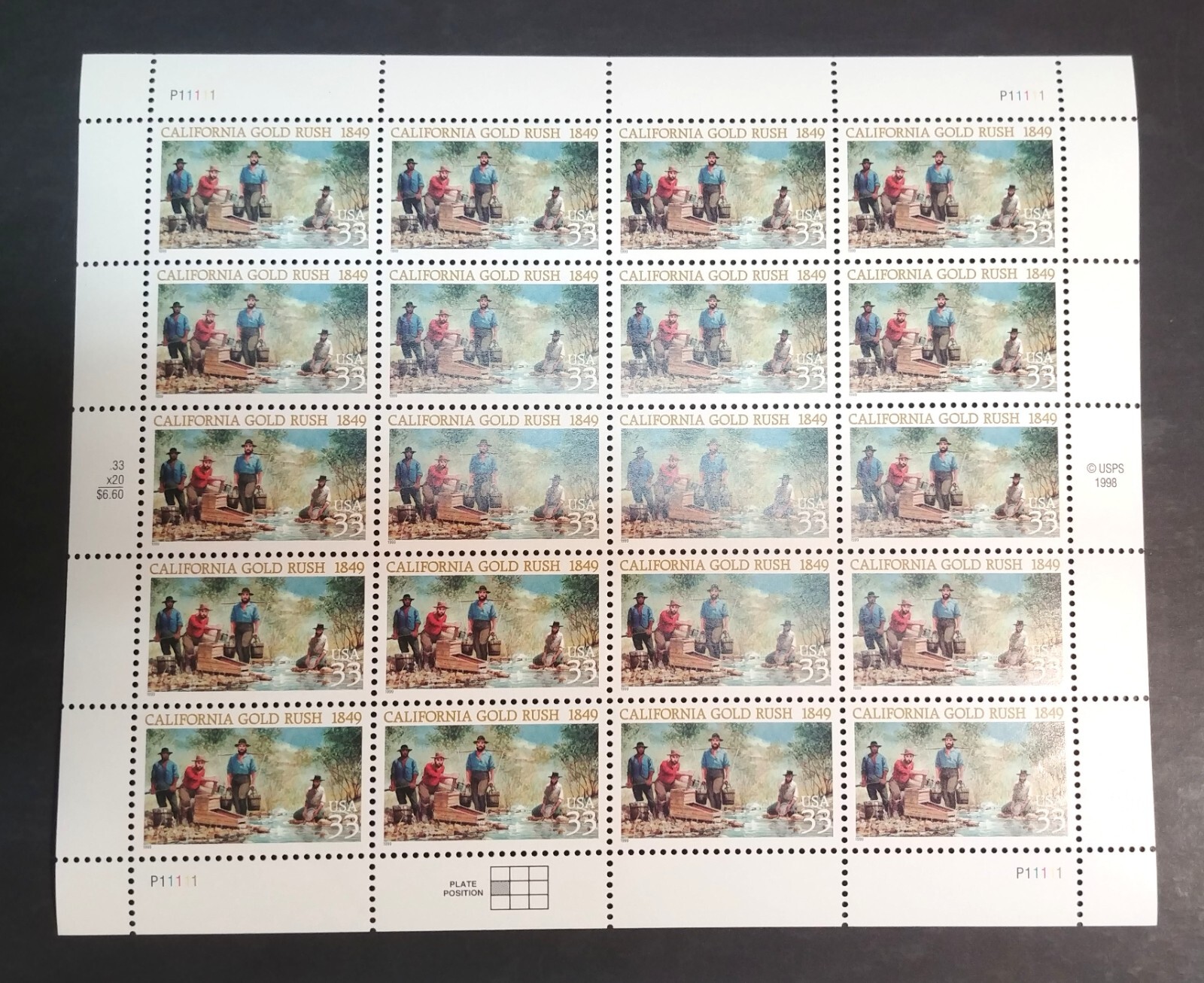 33 cent stamp 1999 California Gold Rush 1849 sheet of 20 MNH Scott #3316