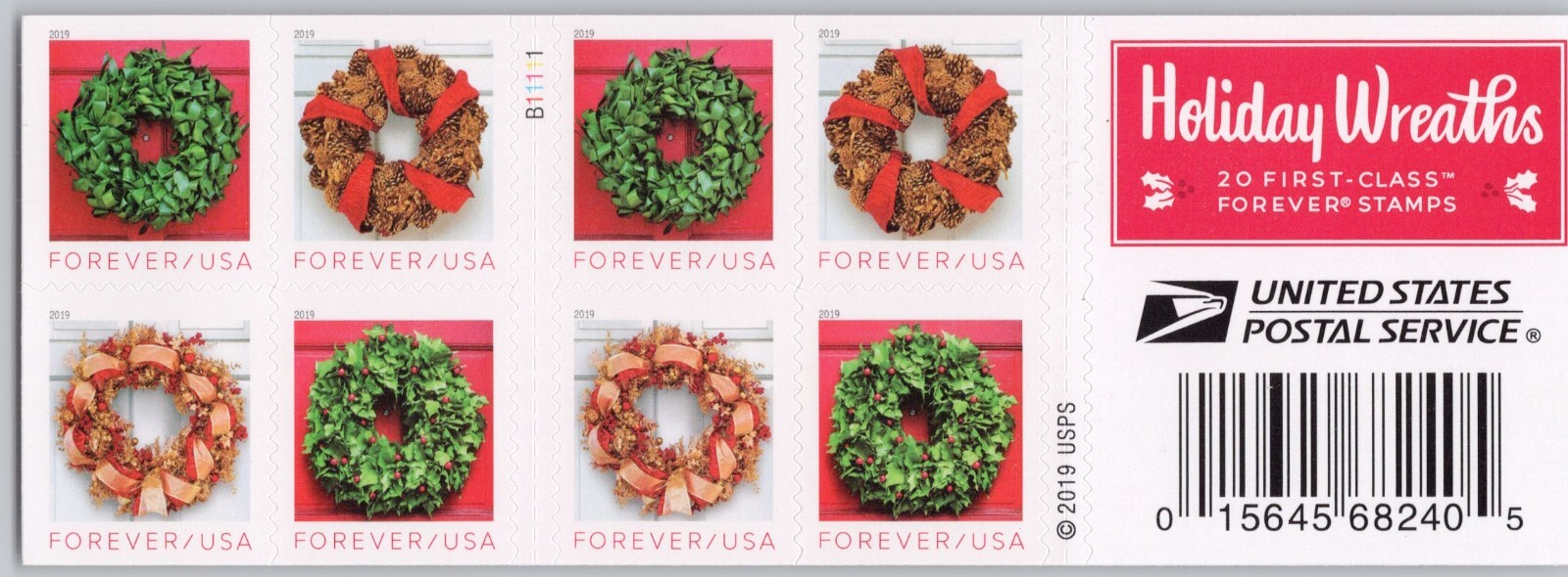 2019 USA #5424-27b Forever Holiday Wreaths – Booklet of 20 Christmas Postage