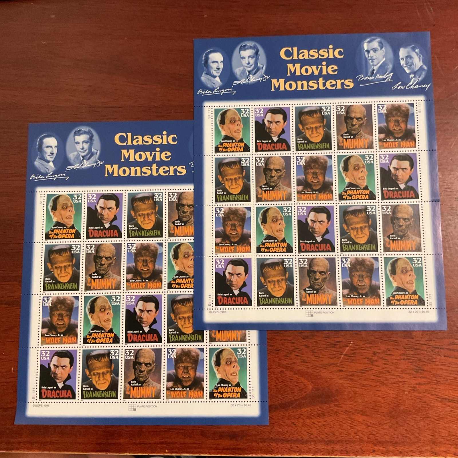 Two Sheets x 20 = 40 of CLASSIC MOVIE MONSTERS 32¢ USPS Postage Stamps 3168-3172