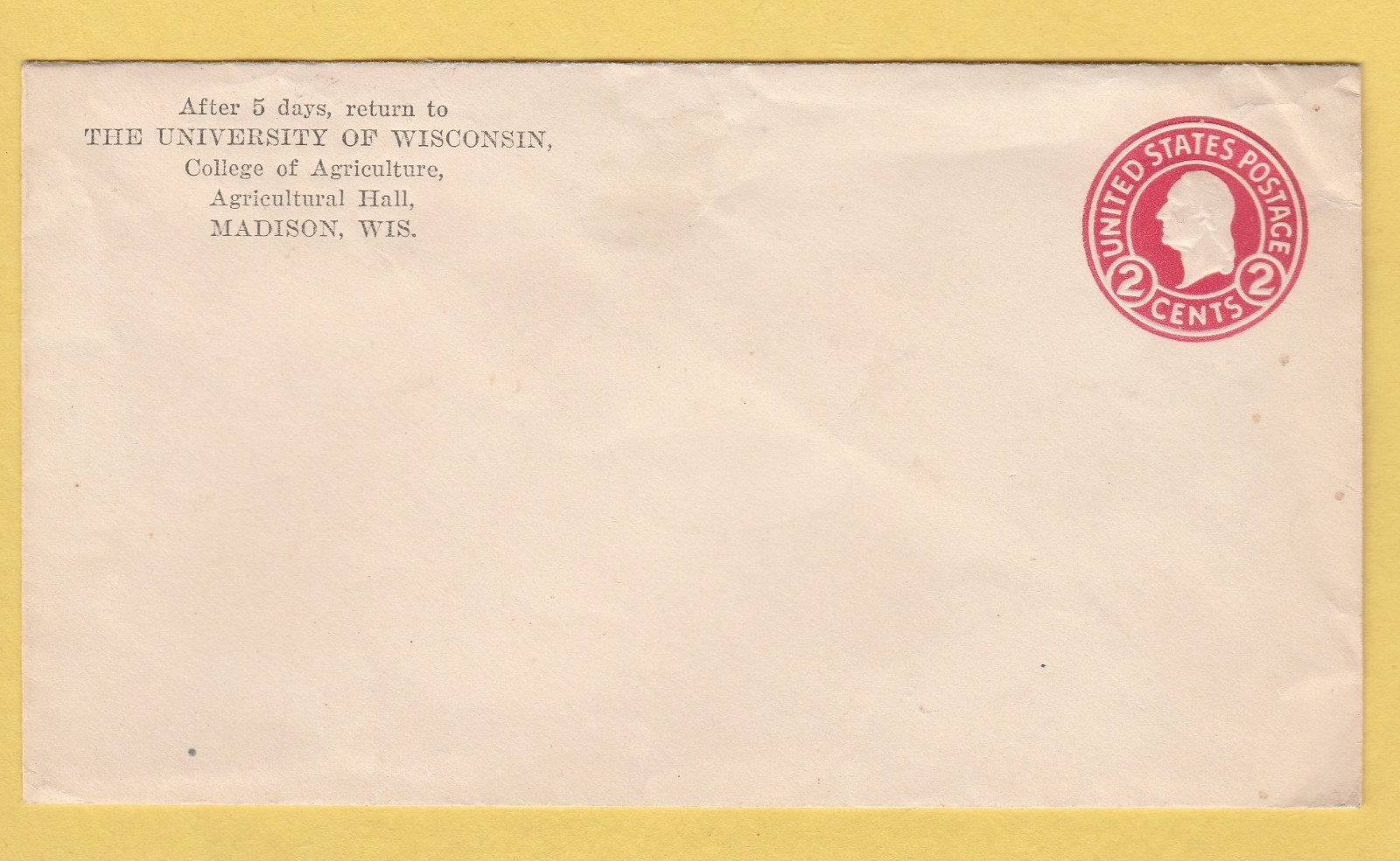 Vintage U.S. Postal Envelope 2 Cent Red Washington Stamp Pre-Stamped