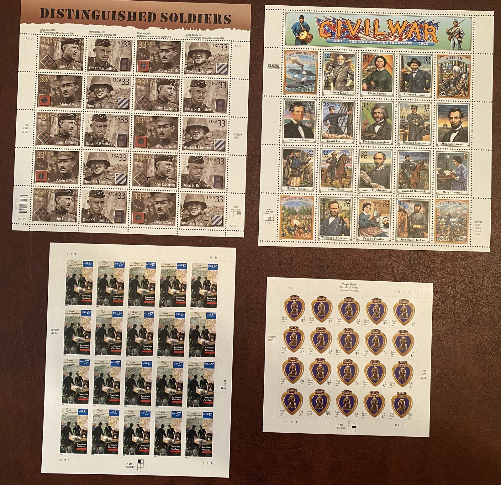 USPS Stamp Lot- Distinguished Soldiers Louisiana Purchase Purple Heart Civil War