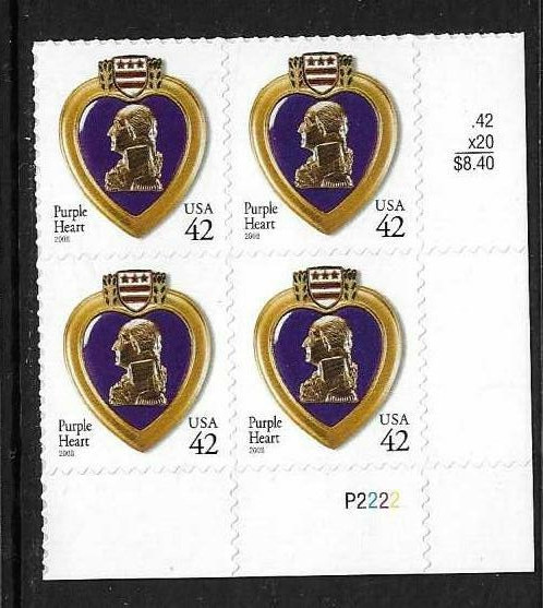USA SC # 4264 Purple Heart , BLK4 Plate number . MNH