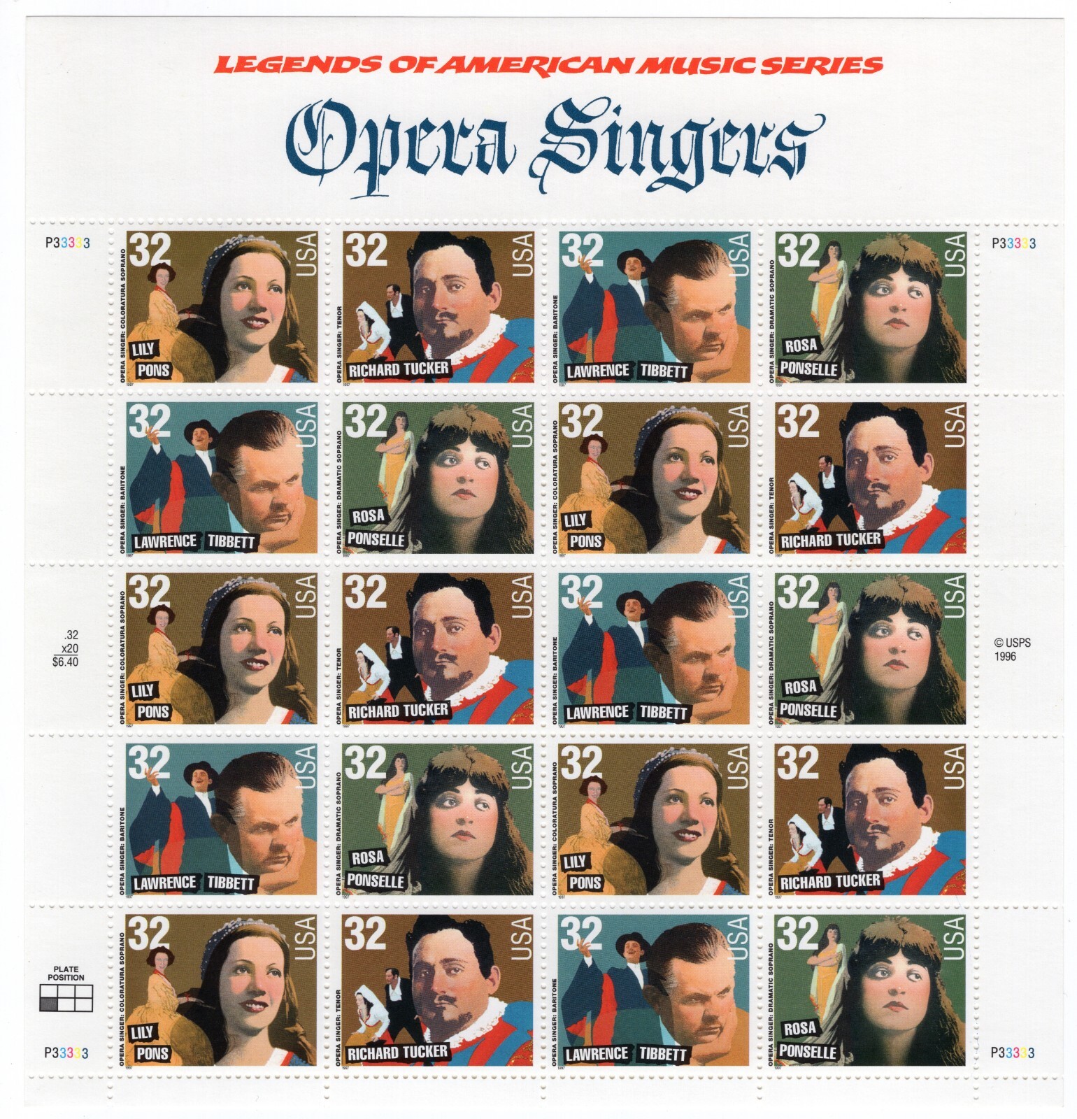 US 1997 SC 3154-3157 32c American Music Series, Opera Singers Sheet of 20 MNH