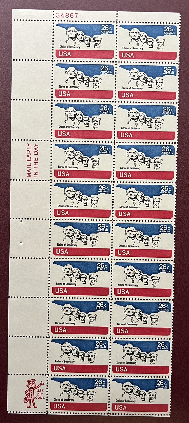 Shrine of Democracy – Airmail – Scott C88 – Plate Block of 20 stamps – Free Ship