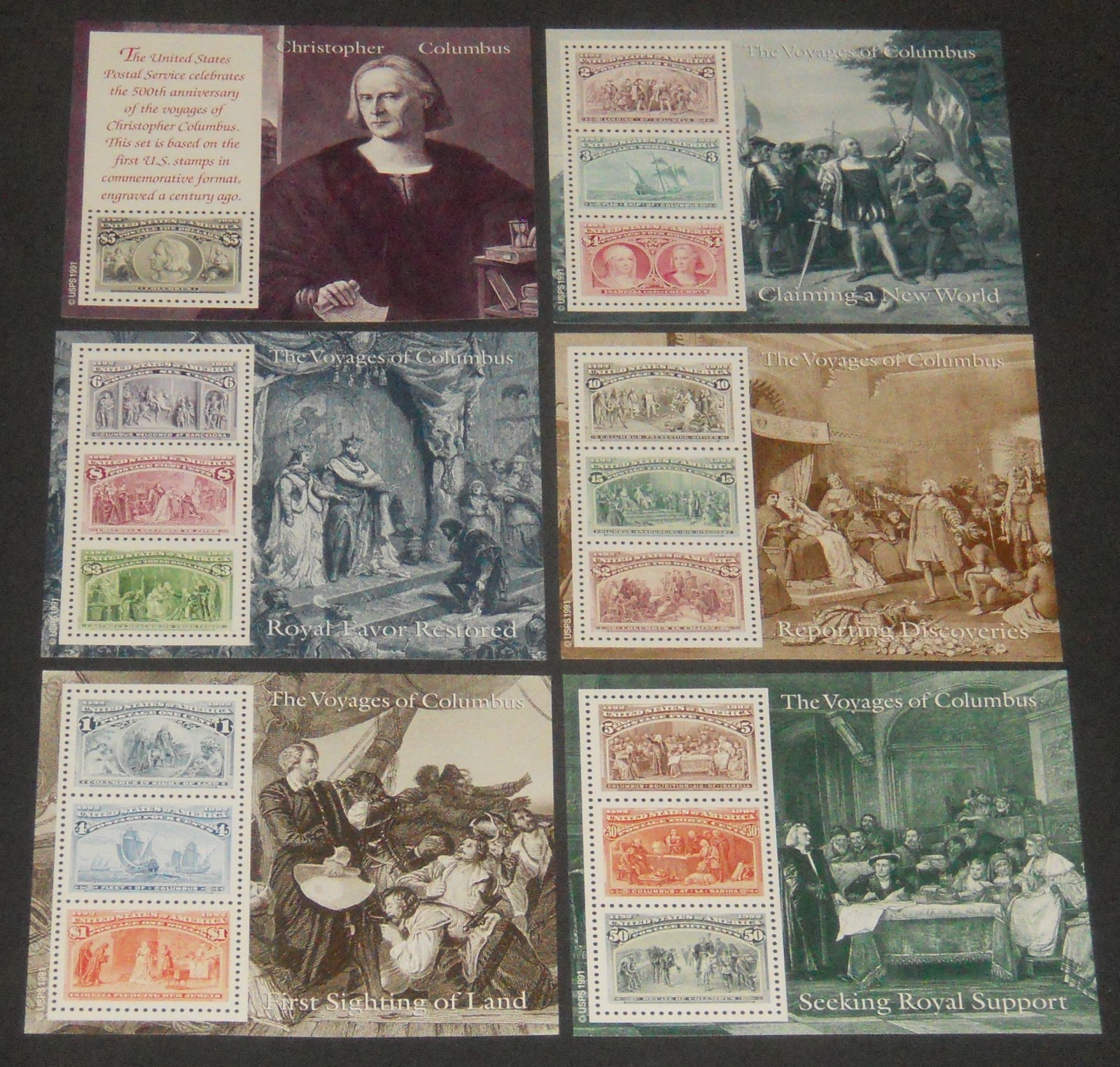 U.S. 1992 Columbus set of 6 souvenir sheets NH face value $16.34
