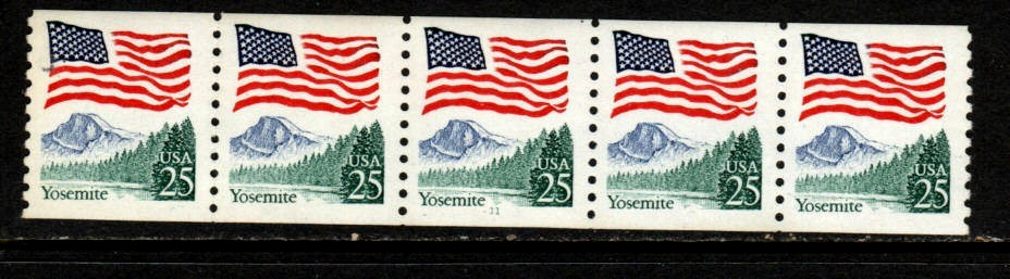US Stamps 25¢ Flag/Yosemite Park – Plate #11 Coil Strip of 5 MNH stamps SC#2280