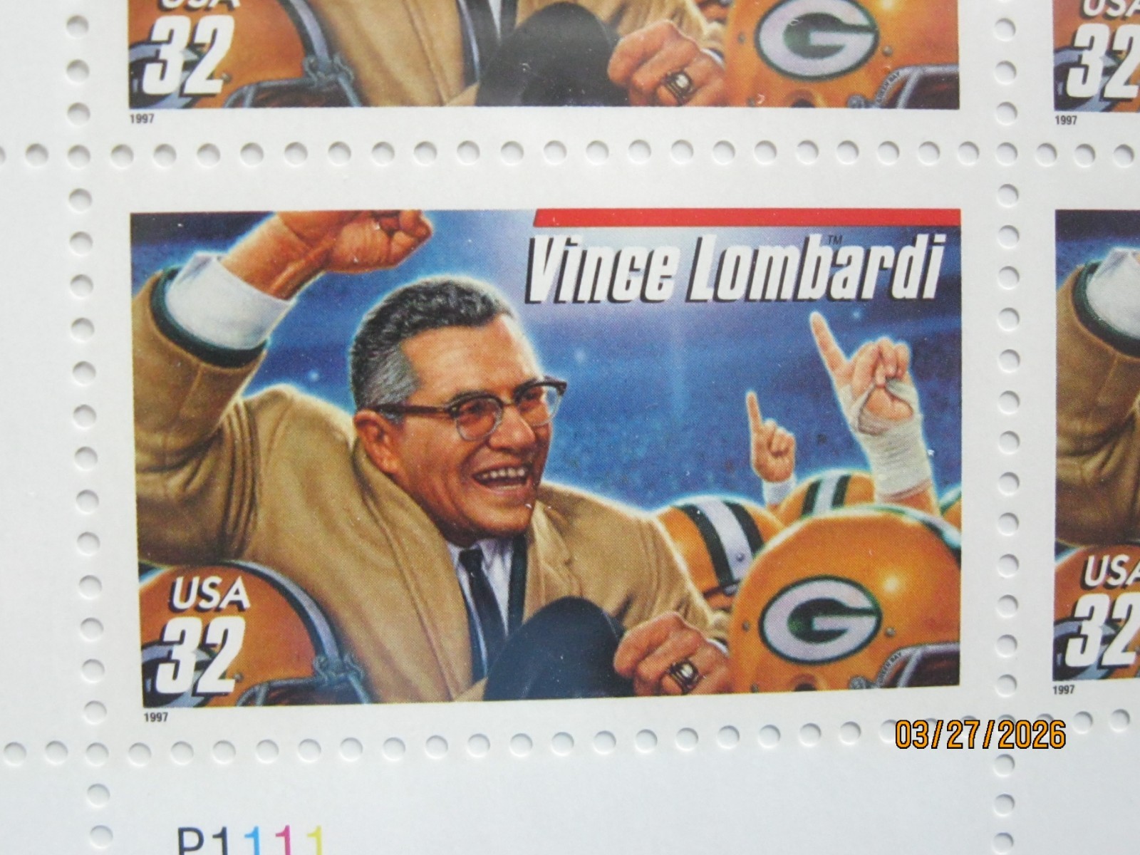 1996 VINCE LOMBARDI STAMPS SEALED UNCUT USPS PRESENTATION BLOCK OF 20 STAMPS