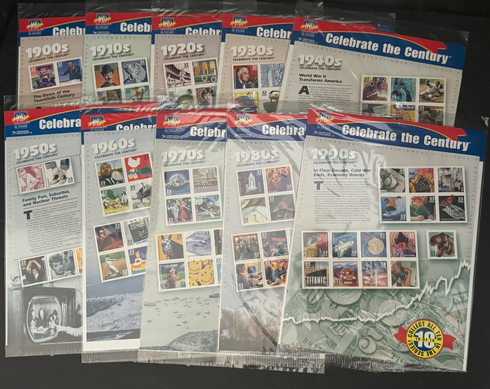 CELEBRATE THE CENTURY 1900-1990. Complete 10 Sheet Set of USPS Stamps