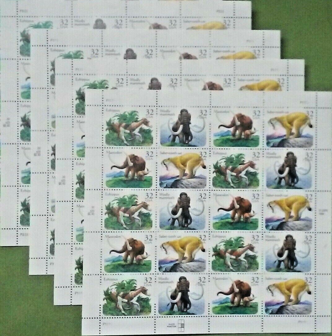 Four Sheets x 20 = 80 of PREHISTORIC ANIMALS 32¢ US Stamps. USA Sc # 3077-3080